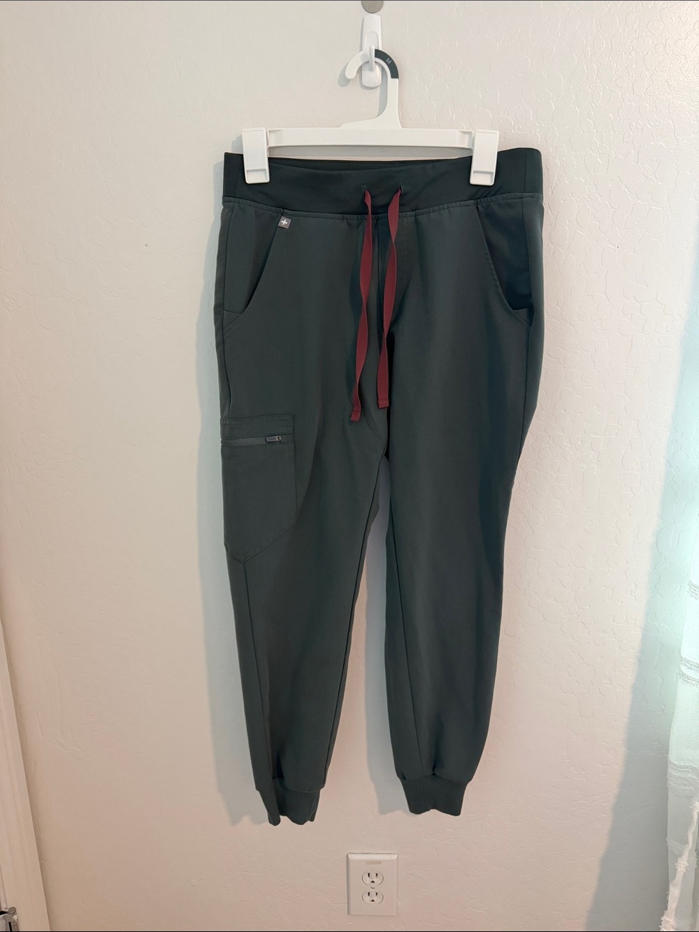 Figs Women's Dark Green Track Joggers with Maroon Drawstring